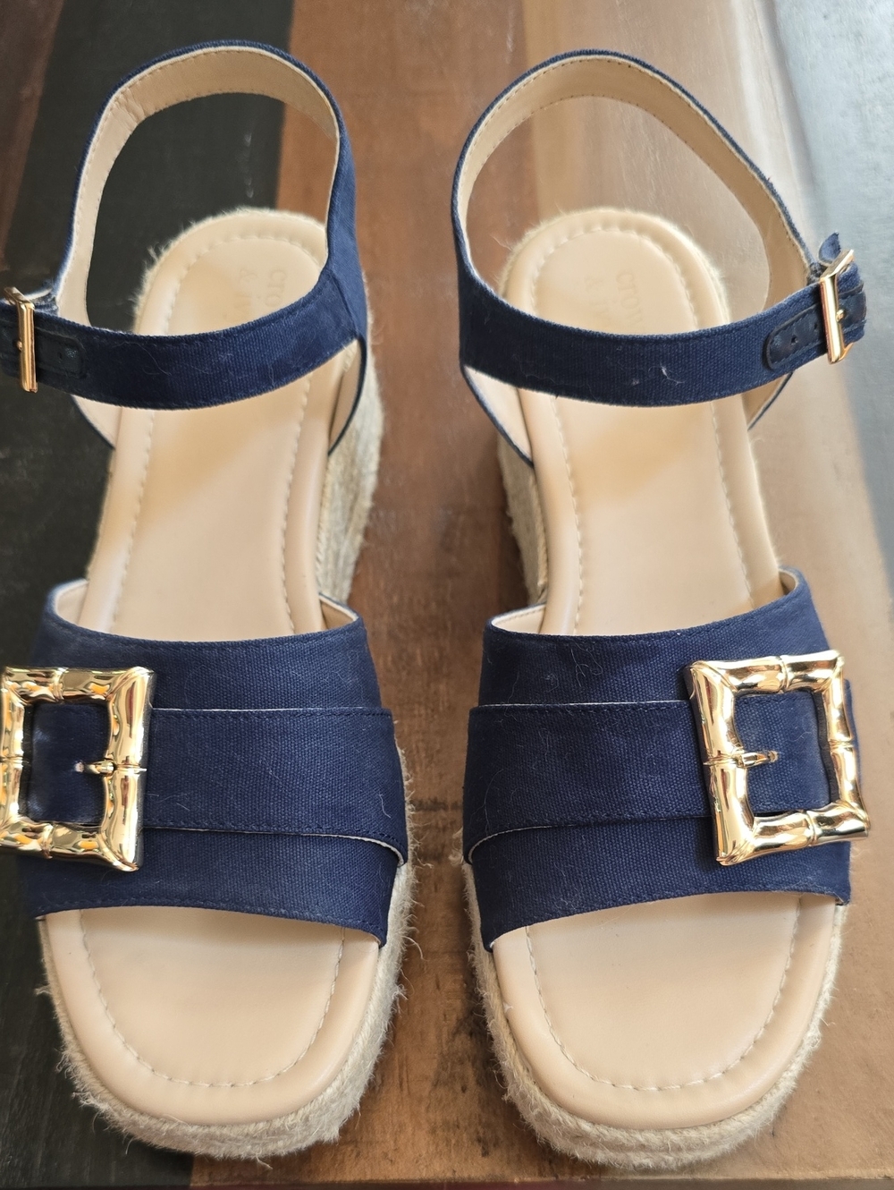 crown & ivy Navy Espadrille Sandals with Gold Buckles
